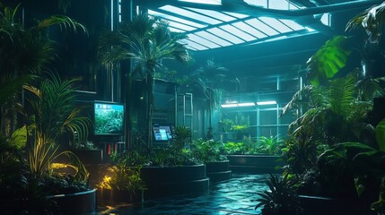Wall Mural - a high-tech greenhouse with automated watering and lighting systems