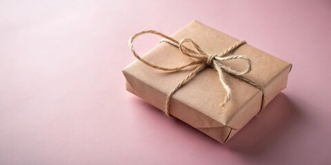 Poster - A Simple Gift Wrapped in Brown Paper and Tied with a String Bow on a Pink Background