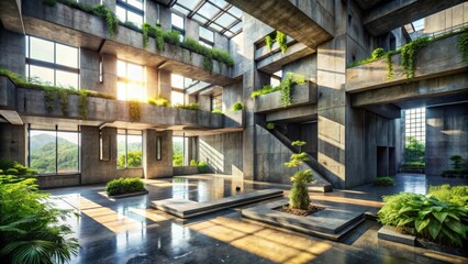 Poster - A modern concrete building with lush greenery growing on the balconies and in the courtyard, sunlight streaming through the large windows, creating a peaceful and serene atmosphere.