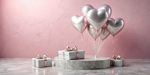 Aufkleber - White gift boxes with pink ribbon bows on marble surface with silver heart balloons against a pink background