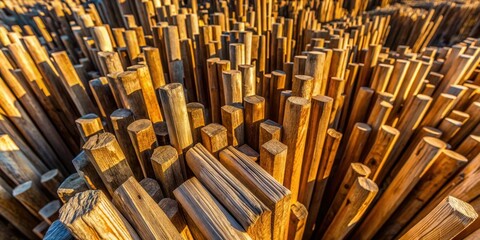 Aufkleber - A chaotic yet structured arrangement of wooden dowels, bathed in the golden light of the setting sun, creates a mesmerizing visual tapestry.