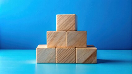 Aufkleber - Wooden blocks stacked in a pyramid shape on a blue surface,  representing the concept of growth and success.