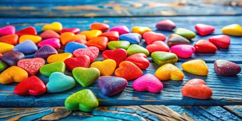 Poster - A vibrant collection of heart-shaped candies, each painted in a different hue, arranged on a rustic blue wooden surface, creating a playful and colorful display.