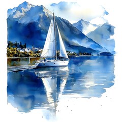 Wall Mural - Sailboat on a Calm Lake with Majestic Mountain Views, Watercolor Painting.