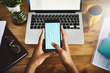 Aufkleber - Graph, hands and phone screen for data representation, growth and development in company kpi. Person, mobile technology and online for business, management or research for information as professional