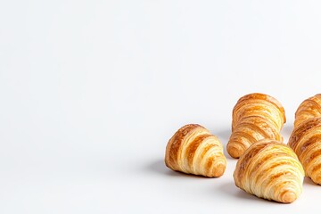 Golden butter croissants on white background with crisp texture and flaky layers