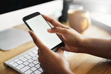 Poster - Phone, hands and person with screen, computer and work from home with freelancer. Social media, app and notification at desk with online, closeup and technology with internet search and blank mockup