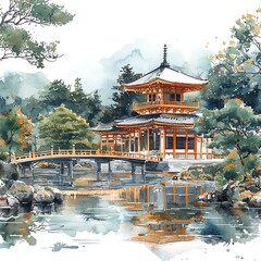 Wall Mural - Serene Watercolor Painting of a Traditional Japanese Pagoda Reflected in a Calm Pond.