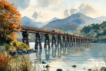 Wall Mural - Watercolor Painting of a Train Crossing a River Bridge in Autumnal Landscape.