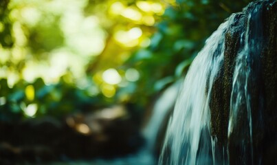 Canvas Print - Cascading water flows over rocks in a lush green setting. AI.