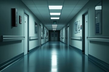 Canvas Print - Long hospital corridor at night. AI.