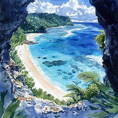 Poster - Idyllic Tropical Beach Scene Viewed Through a Rock Cave Opening.