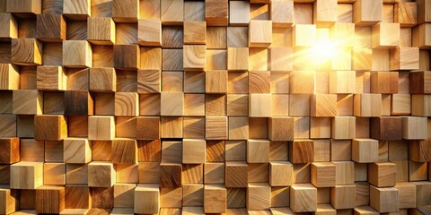 Aufkleber - A wall of wooden cubes illuminated by the warm glow of sunlight, casting intricate shadows and highlighting the natural grain patterns of the wood.