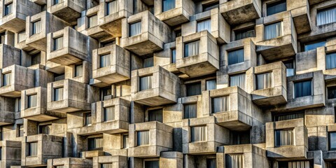 Poster - A mesmerizing abstract facade of stacked concrete structures, each punctuated by windows, creating an intricate geometric design.