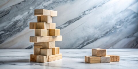Aufkleber - Wooden blocks stacked in a precarious tower against a marble background, representing the delicate balance of life.