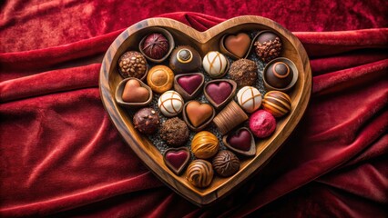 Poster - A Heart-Shaped Wooden Bowl Filled with a Variety of Exquisite Chocolates Resting on a Luxurious Red Velvet Fabric