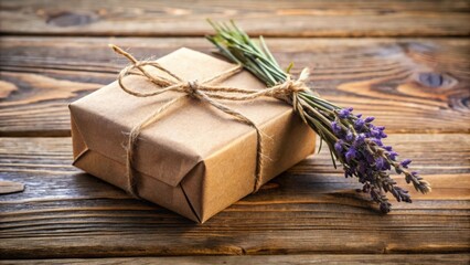 Poster - A simply wrapped gift box tied with twine and a sprig of lavender on a rustic wooden surface.