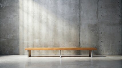 Poster - A solitary wooden bench sits in front of a concrete wall illuminated by a beam of light.