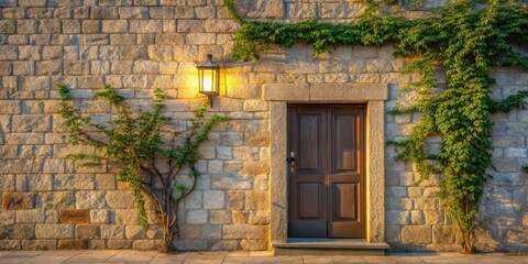 Fototapete - A weathered stone wall, adorned with verdant vines, frames a rustic wooden door, illuminated by a warm glow from a lantern.