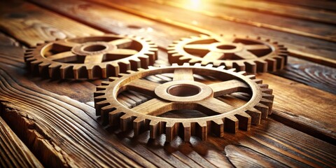 Aufkleber - A trio of wooden gears interlock on a weathered wood surface, casting long shadows in the warm glow of sunlight.