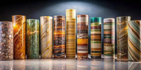 Fototapete - A Collection of Cylindrical Stone Columns with Varied Patterns and Textures, Illuminated by a Soft Light Source