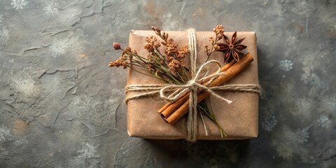 Poster - A rustic brown package tied with twine, adorned with dried flowers, star anise, and cinnamon sticks.