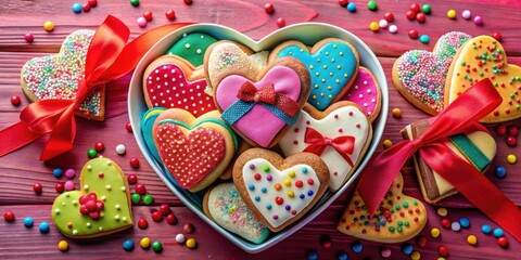 Poster - Heart-Shaped Cookies Decorated with Sprinkles and Candy, Arranged in a Heart-Shaped Bowl on a Red Wooden Surface