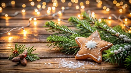 Wall Mural - Festive Gingerbread Star Surrounded by Evergreen Branches and Twinkling Lights on a Rustic Wooden Surface