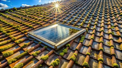 Aufkleber - A skylight peeks through a roof covered in moss, catching the warm glow of the setting sun.