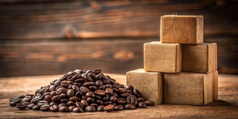 Aufkleber - A Pile of Coffee Beans Resting Beside a Stack of Wooden Blocks, a Rustic Still Life Composition