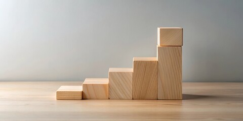 Aufkleber - Wooden blocks stacked in an ascending pattern on a table, representing a growth chart or progress concept.