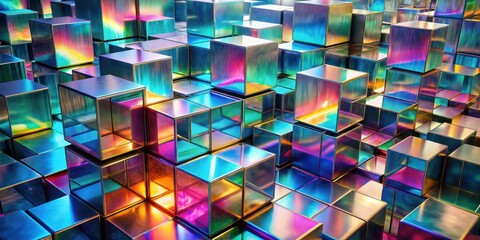 Aufkleber - A field of iridescent cubes stacked in a random pattern, creating a hypnotic and colorful abstract composition.