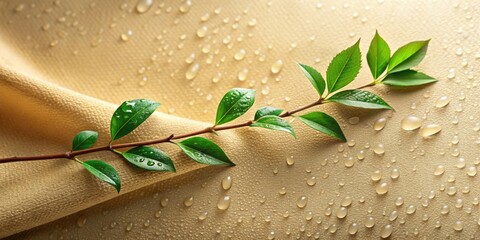 Poster - A branch of green leaves lies on a golden fabric, surrounded by scattered water droplets.  The fabric's texture is emphasized by the gentle light reflecting off the drops.