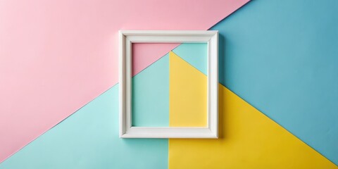 Aufkleber - A white frame positioned on a background of pastel pink, blue, and yellow geometric shapes