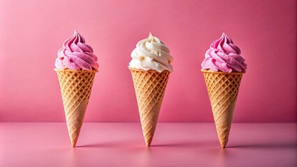 Sticker - Three melting ice cream cones on pink background, melting, three, flavors, ice cream, cones, isolated, pink background