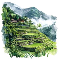 Wall Mural - Watercolor Painting of Lush Green Rice Terraces and Traditional Houses in a Misty Mountain Landscape.