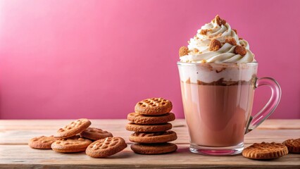 Wall Mural - Delicious hot chocolate with whipped cream cookies on pink background, hot chocolate, whipped cream, cookies, sweet, dessert, drink