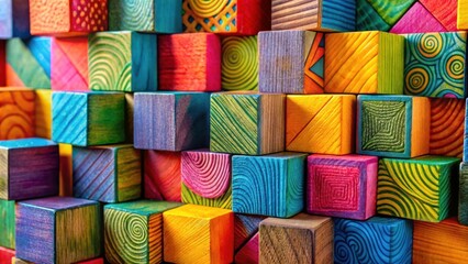 Aufkleber - A vibrant display of wooden cubes, each adorned with unique patterns and colors, showcasing the beauty of handcrafted artistry.