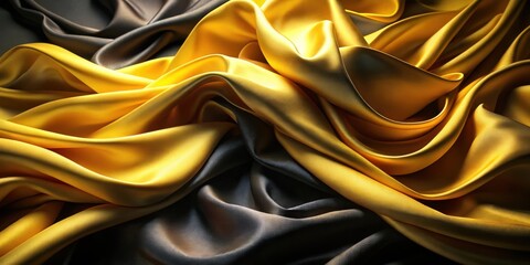 Poster - A smooth, golden satin fabric gracefully draped over a contrasting black fabric, showcasing an intricate pattern of folds and curves.