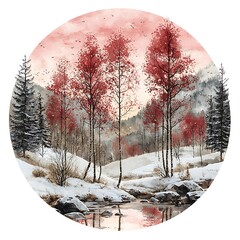 Wall Mural - Serene Winter Landscape Red Birch Trees Reflecting in a Tranquil Stream.