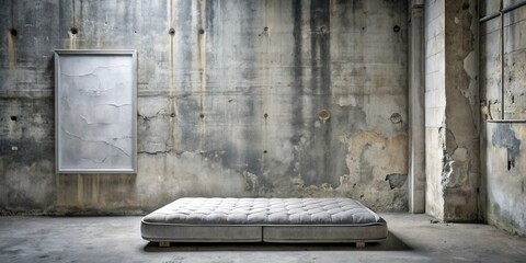 Poster - A large tufted mattress sits in the middle of an abandoned room with a framed canvas on the wall behind it.  The walls are distressed with peeling paint, showing the raw concrete underneath.