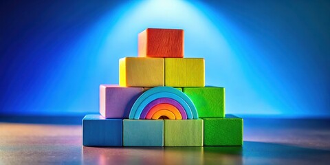 Poster - A colorful wooden rainbow arch nestled amidst a pyramid of colorful blocks, illuminated by a soft blue light