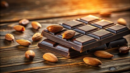 Wall Mural - A stack of dark chocolate bars with almonds scattered on a rustic wooden surface, illuminated by warm sunlight.