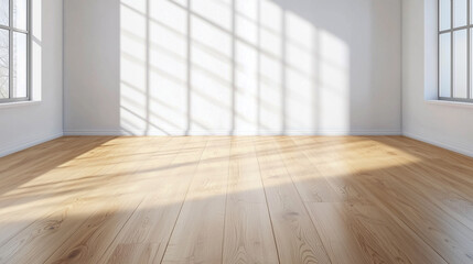 Poster - Bright and Serene Minimalist Interior with Warm Wooden Flooring and Soft Shadows 