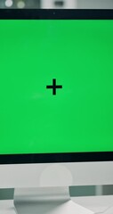 Aufkleber - Monitor, green screen and empty office with computer, mockup space or tracking markers. Advertising, closeup and chromakey on desktop for online marketing, creative workspace and digital branding