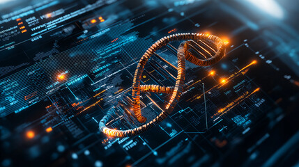 Poster - digital concept image featuring DNA helix and data visualization
