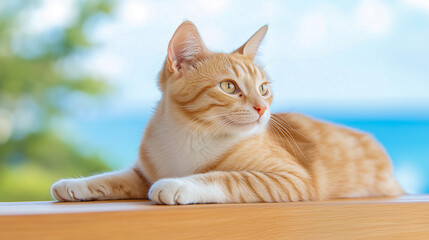 Wall Mural - Close up of ginger pet cat sitting on wooden floor 