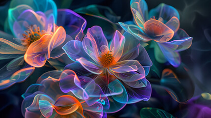 Wall Mural - Vibrant Ethereal Flowers with Neon Glow and Translucent Petals