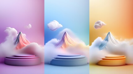 Wall Mural - a vibrant set of mountain silhouette illustrations with textured details, modern podium at the base,