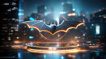 Wall Mural - abstract bat-themed symbol with metallic textures, set against a futuristic urban background.